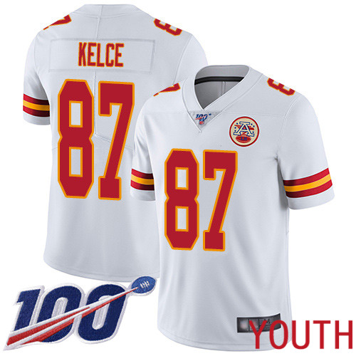 Youth Kansas City Chiefs 87 Kelce Travis White Vapor Untouchable Limited Player 100th Season Football Nike NFL Jersey